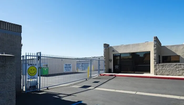 The security gate at the entrance to A Storage Place in Chino, California