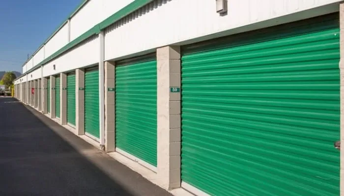 Green storage doors at A Storage Place in Springfield, Oregon